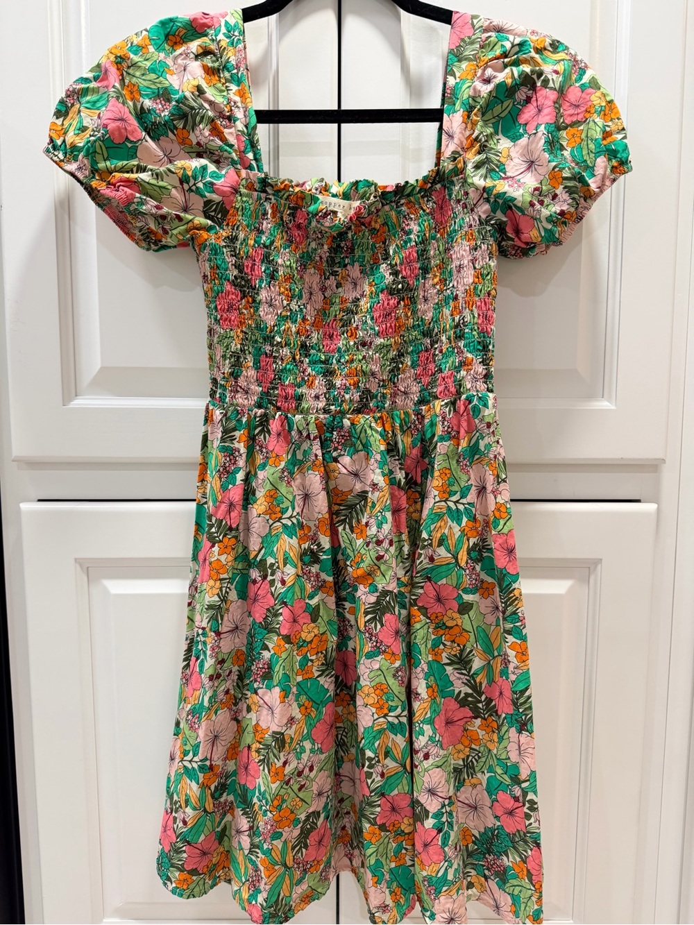 Copper Key Green & Pink Floral Smocked Puff-Sleeve Dress